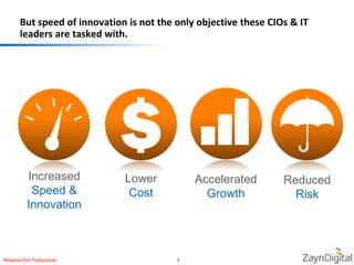 But speed of innovation is not the only objective these CIOs & IT 
leaders are tasked with. 
Released for Publication 3 
A...