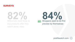 SURVEYS
Millennials most likely to
buy products after they
watch demo video
82% Shoppers want to do first
preview by themselves
84%
pickNwatch.com
 