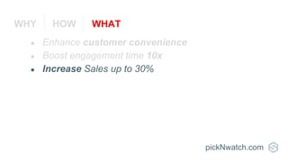 ● Enhance customer convenience
● Boost engagement time 10x
● Increase Sales up to 30%
pickNwatch.com
WHY HOW WHAT
 