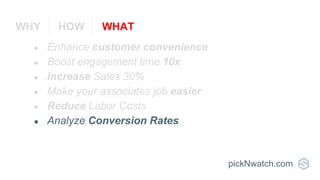 ● Enhance customer convenience
● Boost engagement time 10x
● Increase Sales 30%
● Make your associates job easier
● Reduce Labor Costs
● Analyze Conversion Rates
pickNwatch.com
WHY HOW WHAT
 