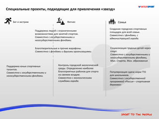 СемьяФитнесБег и экстрим
Специальные проекты, подходящие для привлечения «звезд»
Поддержка людей с ограниченными
возможностями для занятий спортом.
Совместно с государственными и
негосударственными фондами.
Социализация трудных детей через
спорт.
Совместно с государственными и
негосударственными фондами,
Мин. Спорта, Мин. образования
Создание городских спортивных
площадок для всей семьи.
Совместно с фондами, с
администрацией города.
Контроль городской экологической
среды. Определение наиболее
благоприятных районов для спорта
на свежем воздухе.
Совместно с экологическими
службами города.
Популяризация сдачи норм ГТО
для школьников.
Совместно с государственной
программой «Россия – спортивная
держава»
Поддержка юных спортивных
талантов.
Совместно с государственными и
негосударственными фондами.
Благотворительные и прочие марафоны.
Совместно с фондами и другими организациями.
 