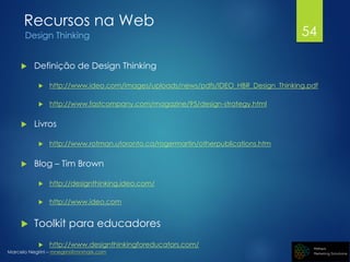 Marcelo Negrini – mnegrini@mnmark.com
Recursos na Web
Design Thinking
 Definição de Design Thinking
 http://www.ideo.com/images/uploads/news/pdfs/IDEO_HBR_Design_Thinking.pdf
 http://www.fastcompany.com/magazine/95/design-strategy.html
 Livros
 http://www.rotman.utoronto.ca/rogermartin/otherpublications.htm
 Blog – Tim Brown
 http://designthinking.ideo.com/
 http://www.ideo.com
 Toolkit para educadores
 http://www.designthinkingforeducators.com/
54
 