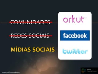 mnegrini@mnmark.com
COMUNIDADES
REDES SOCIAIS
MÍDIAS SOCIAIS
 