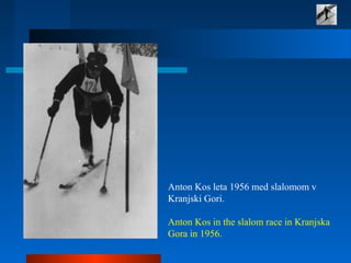 Anton Kos leta 1956 med slalomom v 
Kranjski Gori. 
 
Anton Kos in the slalom race in Kranjska 
Gora in 1956. 
 