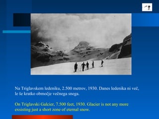 Na Triglavskem ledeniku, 2.500 metrov, 1930. Danes ledenika ni več,
le še kratko območje večnega snega.
On Triglavski Galcier, 7.500 feet, 1930. Glacier is not any more
exsisting just a short zone of eternal snow.
 