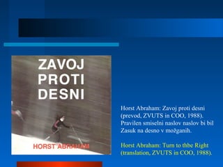 Horst Abraham: Zavoj proti desni
(prevod, ZVUTS in COO, 1988).
Pravilen smiselni naslov naslov bi bil
Zasuk na desno v možganih.
Horst Abraham: Turn to thbe Right
(translation, ZVUTS in COO, 1988).
 