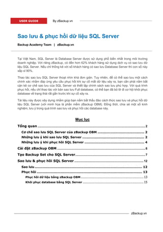 zBackup.vn
By zBackup.vn
Sao lưu & phục hồi dữ liệu SQL Server
Backup Academy Team | zBackup.vn
Tại Việt Nam, SQL Server là Database Server được sử dụng phổ biến nhất trong môi trường
doanh nghiệp. Với riêng zBackup, có đến hơn 62% khách hàng sử dụng dịch vụ có sao lưu dữ
liệu SQL Server. Nếu chỉ thống kê với số khách hàng có sao lưu Database Server thì con số này
xấp xỉ 90%.
Thao tác sao lưu SQL Server thoạt nhìn khá đơn giản. Tuy nhiên, để có thể sao lưu một cách
chính xác nhằm đáp ứng yêu cầu phục hồi khi sự cố mất dữ liệu xảy ra, bạn cần phải nắm bắt
cặn kẽ cơ chế sao lưu của SQL Server và thiết lập chính sách sao lưu phù hợp. Với quá trình
phục hồi, nếu chỉ thao tác với bản sao lưu Full database, có thể bạn đã bỏ lỡ đi cơ hội khôi phục
database về trạng thái rất gần trước khi sự cố xảy ra.
Tài liệu này được xây dựng nhằm giúp bạn nắm bắt thấu đáo cách thức sao lưu và phục hồi dữ
liệu SQL Server (với minh họa là phần mềm zBackup OBM). Đồng thời, chia sẻ một số kinh
nghiệm, lưu ý trong quá trình sao lưu và phục hồi các database này.
Mục lục
Tổng quan ..............................................................................................................................2
Cơ chế sao lưu SQL Server của zBackup OBM ........................................... 2
Những lưu ý khi sao lưu SQL Server ......................................................... 2
Những lưu ý khi phục hồi SQL Server ....................................................... 4
Cài đặt zBackup OBM .......................................................................................................6
Tạo Backup Set cho SQL Server..................................................................................7
Sao lưu & phục hồi SQL Server .................................................................................12
Sao lưu ................................................................................................... 12
Phục hồi ................................................................................................. 13
Phục hồi dữ liệu bằng zBackup OBM .................................................................... 13
Khôi phục database bằng SQL Server .................................................................. 15
USER GUIDE
 