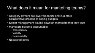What does it mean for marketing teams?
• Category owners are involved earlier and in a more
collaborative process of setting budgets
• Senior management double down on marketers that they trust
• Marketers become accountable
• Transparency
• Visibility
• Responsibility
• No sacred cows
 