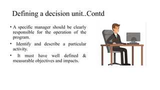 Defining a decision unit..Contd
• A specific manager should be clearly
responsible for the operation of the
program.
• Identify and describe a particular
activity.
• It must have well defined &
measurable objectives and impacts.
 