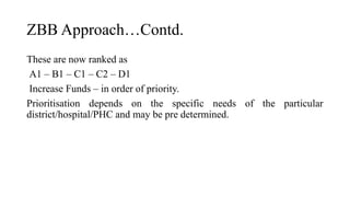 ZBB Approach…Contd.
These are now ranked as
A1 – B1 – C1 – C2 – D1
Increase Funds – in order of priority.
Prioritisation depends on the specific needs of the particular
district/hospital/PHC and may be pre determined.
 