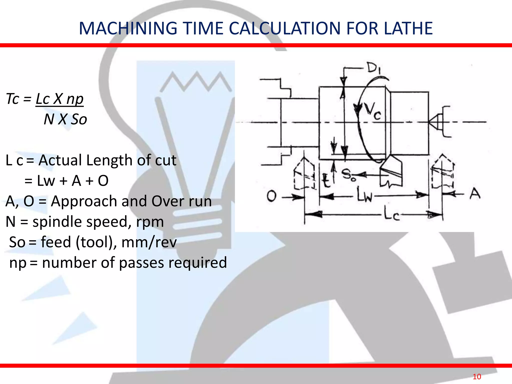 10
MACHINING TIME CALCULATION FOR LATHE
Tc = Lc X np
N X So
L c = Actual Length of cut
= Lw + A + O
A, O = Approach and Over run
N = spindle speed, rpm
So= feed (tool), mm/rev
np = number of passes required
 