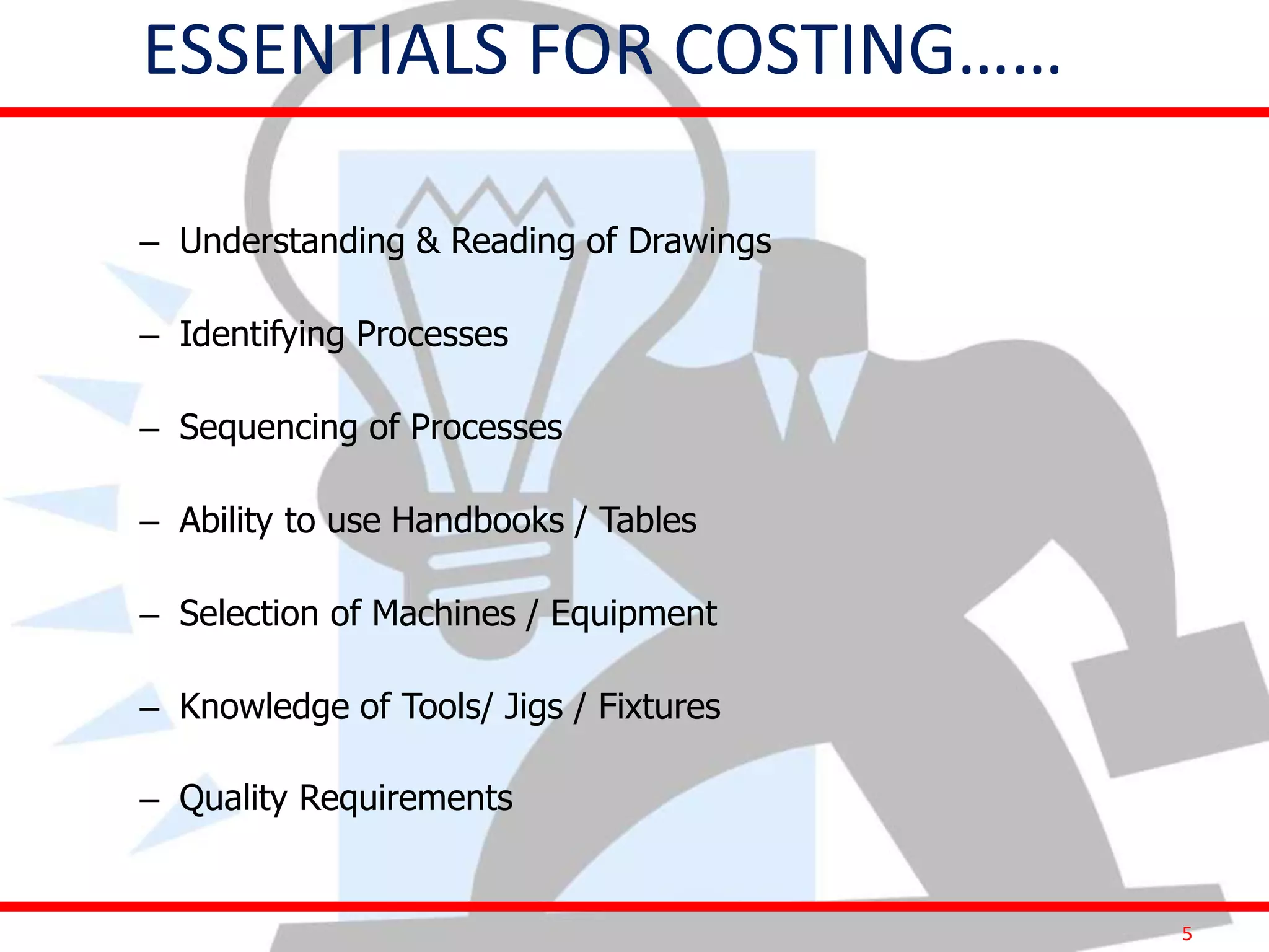 5
ESSENTIALS FOR COSTING……
– Understanding & Reading of Drawings
– Identifying Processes
– Sequencing of Processes
– Ability to use Handbooks / Tables
– Selection of Machines / Equipment
– Knowledge of Tools/ Jigs / Fixtures
– Quality Requirements
 