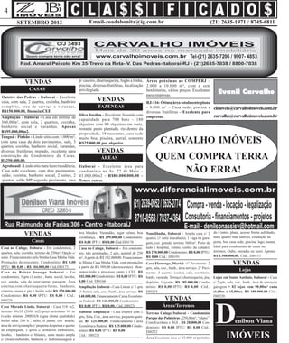 4
          SETEMBRO 2012                                     Email-zoadabonita@ig.com.br                                                           (21) 2635-1971 / 8745-6811




                VENDAS                               p/ caseiro, churrasqueira, fogão a lenha, Áreas próximas ao COMPERJ –
                                                     piscina, diversas frutíferas, localização 2.000 a 10.000 m², com e sem
                   CASAS                             privilegiada.                             benfeitorias, vários preços. Excelentes
                                                                                               para empresas.
                                                                                                                                                      Evanil Carvalho
Outeiro das Pedras - Itaboraí - Excelente
casa, com sala, 2 quartos, cozinha, banheiro                     VENDAS                     RJ-116- Ótima área totalmente plana
completo, área de serviço e varandas,                             FAZENDAS                  - 8.000 m² – Casa sede, piscina e cimoveis@carvalhoimoveis.com.br
R$150.000,00, financia CEF.                                                                 diversas frutíferas - Excelente para
                                                     Silva Jardim - Excelente fazenda com empresas.                              carvalho@carvalhoimoveis.com.br
Ampliação - Itaboraí - Casa em terreno de
                                                     capacidade para 700 bois – 180
360,00m², com sala, 2 quartos, cozinha,
                                                     alqueires com 90 alqueires em mata,
banheiro social e varandas. Apenas
                                                     restante pasto plantado, rio dentro da
R$95.000,00m2.                                       propriedade, 18 nascentes, casa sede
Tanguá - Pinhão - Lindo sítio com 5.000 m²,
com uma casa de dois pavimentos, sala, 3
quartos, cozinha, banheiro social, varandas;
                                                     muito boa, piscina, curral, somente
                                                     R$25.000,00 por alqueire.                              CARVALHO IMÓVEIS
diversas frutíferas, murado, excelente para                      VENDAS
construção de Condomínio de Casas.
R$250.000,00.
                                                                    ÁREAS                                QUEM COMPRA TERRA
Agrobrasil - Lindo sítio para lazer/residência,      Itaboraí - Excelente área para
Casa sede excelente, com dois pavimentos,
salão, cozinha, banheiro social, 2 suites, 2
                                                     condomínio na Av. 22 de Maio –
                                                     43.000,00m2 – R$80.000.000,00 –
                                                                                                             NÃO ERRA!
quartos, salão MP segundo pavimento, casa            Temos outras.




                                                                                                                                                   do Centro, plana, acesso frente asfaltado,
               VENDAS                                box blindex. Varandão, lugar calmo, boa Nancilândia, Itaborai - Ampla casa c/ 2
                                                     vizinhança. : R$ 299.000,00 Condomínio: quatos, (1 suíte inacabada), 1 vaga na gara-          mais quatro ruas laterais, condução na
                     Casas                           R$ 0,00 IPTU: R$ 0,00 Cód.DI0176             gem, coz. grande, terreno 360 m². Perto de       porta, boa casa sede, piscina, lago, sauna.
Casa no Caluge, Itaborai - Em condomínio, 2 Casa no Caluge, Itaborai - Em condomí- tudo ( hospital, forum, centro da cidade).                      Ideal para condomínio de casas ou
quartos, sala, cozinha, terreno de 250m². Opção c/ nio, não geminadas, 2 qrts, quintal de 250 R$ 270.000,00 Condomínio: R$ 0,00 IPTU:              terrenos, clube, moradia ou lazer. Apenas
suíte. Financiamento pelo Minha Casa Minha Vida. m². A partir de R$ 102.000,00. Financiamen- R$ 0,00 Cód.: DI0191                                  R$ 1.500.000,00. Cód.: DI0151
Prestações decrescentes. Condomínio: R$ 0,00 to Minha Casa Minha Vida, com prestações Casa Flamengo, Maricá -1° Pavimento: 2                                     VENDAS
IPTU: R$ 0,00 - R$ 104.000,00 Cód.DI0173             a partir de R$ 589,00 (decrescentes). Mon- qrts, sala, coz., banh., área serviço. 2° Pavi-
Casa no Bairro Sossego Itaborai - Em tamos todo o processo junto à CEF. R$ mento: 3 quartos (suite), sala, escritório,
                                                                                                                                                                     Lojas
condomínio, 3 qrts (1 suite) , banh. social, lavabo, 102.000,00 Condomínio: R$ 0,00 IPTU: R$ banh., varanda. Terraço: churrasqueira, pia,          Lojas em Santo Antônio, Itaborai - Casa
coz. ampla, sala de estar/jantar, garagem. Área 0,00 Cód. DI0166                                  depósito, 1 quarto. R$ 285.000,00 Condo-         c/ 2 qrts, sala, coz., banh., área de serviço e
externa com churrasqueira/forno, banheiro, Ampliação Itaboraí - Casa Linear c/ 2 qrts mínio: R$ 0,00 IPTU: R$ 0,00 Cód.:                           garagem + 02 lojas com 90,00m² cada
cisterna, sauna a gás e boiler solar.R$ 370.000,00 (1 Suíte), sala, coz., banh., área serviço. R$ DI0218                                           (6,00m x 15,00m). R$ 180.000,00 Cód.:
Condomínio: R$ 0,00 IPTU: R$ 0,00 / Cód.: 140.000,00. Financiamento Caixa Econômi-                                                                 DI0220
DI0226                                               ca Federal. R$ 140.000,00 Condomínio:                      VENDAS


                                                                                                                                                    D
Casa Morada Linda, Itaborai - Casa 318 m2, R$ 0,00 IPTU: R$ 0,00. Cód.:DI0224                                Áreas/Terrenos
terreno 40x50 (2000 m2) poço artesiano 94 m Itaboraí Ampliação - Casa Duplex com 2
                                                                                                  Terreno Caluge Itaboraí - Condomínio
(vazão mínima 2000 lt/h (água ótima qualidade) qrts, Sala, Coz., área serviço, pequeno quin-
                                                                                                  Parque das Palmeiras . 250,00m², “plano”.
boiler solar 200 lt , salão, sl jantar, coz. ampla, tal. R$ 125.000,00. Financiamento Caixa
                                                                                                  Com Escritura e RGI . R$ 28.000,00 Con-                         enilson Viana
área de serviço ampla c/ pequena despensa e quarto Econômica Federal. R$ 125.000,00 Condo-
                                                                                                  domínio: R$ 0,00 IPTU: R$ 0,00 Cód.:
de empregada, 2 qrtos c/ armários embutidos, mínio: R$ 0,00 IPTU: R$ 0,00
                                                                                                  DI0222
lavabo, 1 banheiro c/ blindex, suite muito ampla Cód.: DI0223
c/ closet embutido, banheira c/ hidromassagem e                                                   Área-Excelente área c/ 43.000 m²pertinho                  IMÓVEIS
 