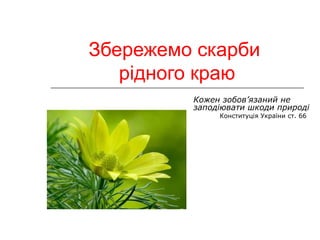 Збережемо скарби 
рідного краю 
Кожен зобов’язаний не 
заподіювати шкоди природі 
Конституція України ст. 66 
 