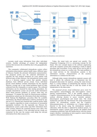 Fig. 1. Proposed solution for telemedicine cloud architecture
accurate result using information from other individual
systems. Another advantage of connect the independent
systems that increases the availability due to the geographically
separation.
The community collaborated telemedicine system collect
information about patient, patient health status, different types
of illnesses besides the personal information anonymization.
Our proposed system uses the collected information to
calculate the best medical treatment for every patient with
different types of their illnesses. Our telemedicine system could
use as a decision support system that operates disjoint
databases from different private clouds. Every individual
private cloud database contains information for the regional
illnesses, average age or age related problems based on data
collected from the community or current region. The collected
information can be clustered by data mining procedures, for
example telemedicine system can provide useful information
about blood pressure problems in women when they are
menopause. To prepare the result for blood pressure problem,
telemedicine system uses the information from data warehouse.
With Hadoop [9] MapReduce procedure filter the available
information, the filtered information could be clustered by age
and sex [11]. Filtered and clustered data could be perfect input
for a cognitive algorithm to create a conclusion or recommend
appropriate treatment. For the regionally rare illnesses the
telemedicine system could collect and filter information from
other systems wherein the examined disease more often. Our
system could be adaptive if the individual private clouds are
connected. In this case the system could adopt the relevant
information from other sources [12].
Today, the smart tools can spread very quickly. The
Ubiquitous Computing [13] is a promising concept for the
future. This new concept means in the software engineering
and in the computer science that computing is made to appear
anywhere and everywhere. Every smart device can be part of
the telemedicine system as a worker role. The main problem to
use smart devices in the telemedicine systems is the
information security. Anonymization of the sensitive
information is a solution for this issue.
Although today remote telemedicine (patient) sensors still
tend to submit the collected data or datastream into the
designated data-center for analysis, among the smart devices
there is a rising tendency of interpreting the majority of the
collected data in itself and then to send the results of the
interpretation to the data-center.
The proposed private cloud architecture gives room for
intra-cognitive sensor-bridging and inter-cognitive sensor-
sharing communications. This is the suitable category of
Cognitive Infocommunications for the enhanced telemedicine
systems allowing doctors to assess remotely patients’
physiological, psychological and neural state. The cloud
architecture provides the link between the cloud architectural
solution for telemedicine systems and the Cognitive
Infocommunications, as information on a human patient is
directed to the doctor using the telemedicine cognitive
subsystem, while the data is captured by medical sensors. As
telemedicine surgery systems gain ground, the drafted cloud
computing architecture links the human doctor with the remote
surgery machine, concluding an intra-cognitive sensor-sharing
cognitive infocommunication [18].
 