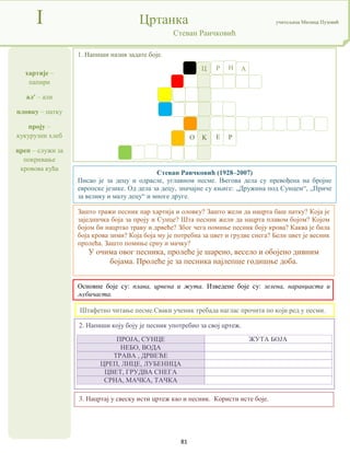 81
хартије –
папири
ал' – али
пловку – патку
проју –
кукурузни хлеб
цреп – служи за
покривање
кровова кућа
I Цртанка учитељица Милица Пузовић
Стеван Раичковић
3. Нацртај у свеску исти цртеж као и песник. Користи исте боје.
Стеван Раичковић (1928–2007)
Писао је за децу и одрасле, углавном песме. Његова дела су превођена на бројне
европске језике. Од дела за децу, значајне су књиге: „Дружина под Сунцем“, „Приче
за велику и малу децу“ и многе друге.
Основне боје су: плава, црвена и жута. Изведене боје су: зелена, наранџаста и
љубичаста.
2. Напиши коју боју је песник употребио за свој цртеж.
ПРОЈА, СУНЦЕ ЖУТА БОЈА
НЕБО, ВОДА
ТРАВА , ДРВЕЋЕ
ЦРЕП, ЛИЦЕ, ЛУБЕНИЦА
ЦВЕТ, ГРУДВА СНЕГА
СРНА, МАЧКА, ТАЧКА
1. Напиши назив задате боје.
Штафетно читање песме.Сваки ученик требада наглас прочита по који ред у песми.
Зашто тражи песник пар хартија и оловку? Зашто жели да нацрта баш патку? Која је
заједничка боја за проју и Сунце? Шта песник жели да нацрта плавом бојом? Којом
бојом би нацртао траву и дрвеће? Због чега помиње песник боју крова? Каква је била
боја крова зими? Која боја му је потребна за цвет и грудве снега? Бели цвет је весник
пролећа. Зашто помиње срну и мачку?
У очима овог песника, пролеће је шарено, весело и обојено дивним
бојама. Пролеће је за песника најлепше годишње доба.
Ц
K
Р Н А
E Р
O
 