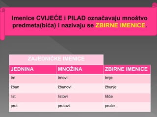 Imenice CVIJEĆE i PILAD označavaju mnoštvo
predmeta(bića) i nazivaju se ZBIRNE IMENICE.
JEDNINA MNOŽINA ZBIRNE IMENICE
trn trnovi trnje
žbun žbunovi žbunje
list listovi lišće
prut prutovi pruće
ZAJEDNIČKE IMENICE
 