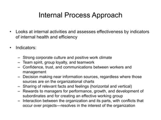 Internal Process Approach
• Looks at internal activities and assesses effectiveness by indicators
of internal health and efficiency
• Indicators:
– Strong corporate culture and positive work climate
– Team spirit, group loyalty, and teamwork
– Confidence, trust, and communications between workers and
management
– Decision making near information sources, regardless where those
sources are on the organizational charts
– Sharing of relevant facts and feelings (horizontal and vertical)
– Rewards to managers for performance, growth, and development of
subordinates and for creating an effective working group
– Interaction between the organization and its parts, with conflicts that
occur over projects—resolves in the interest of the organization
 