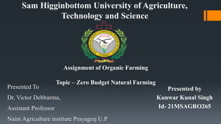 Sam Higginbottom University of Agriculture,
Technology and Science
Presented by
Kunwar Kunal Singh
Id- 21MSAGRO265
Presented To
Dr. Victor Debbarma,
Assistant Professor
Naini Agriculture institute Prayagraj U.P
Assignment of Organic Farming
Topic – Zero Budget Natural Farming
 