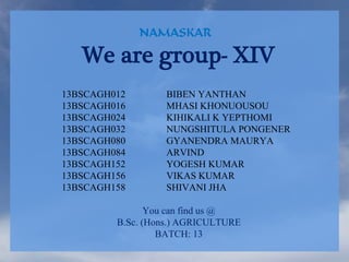 NAMASKAR
We are group- XIV
13BSCAGH012 BIBEN YANTHAN
13BSCAGH016 MHASI KHONUOUSOU
13BSCAGH024 KIHIKALI K YEPTHOMI
13BSCAGH032 NUNGSHITULA PONGENER
13BSCAGH080 GYANENDRA MAURYA
13BSCAGH084 ARVIND
13BSCAGH152 YOGESH KUMAR
13BSCAGH156 VIKAS KUMAR
13BSCAGH158 SHIVANI JHA
You can find us @
B.Sc. (Hons.) AGRICULTURE
BATCH: 13
 