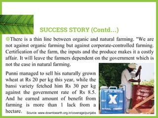 ◍There is a thin line between organic and natural farming. "We are
not against organic farming but against corporate-controlled farming.
Certification of the farm, the inputs and the produce makes it a costly
affair. It will leave the farmers dependent on the government which is
not the case in natural farming.
SUCCESS STORY (Contd…)
Punni managed to sell his naturally grown
wheat at Rs 20 per kg this year, while the
bansi variety fetched him Rs 30 per kg
against the government rate of Rs 8.5.
And he earned amount of benefit from
farming is more than 1 lack from a
hectare. Source: www.downtoearth.org.in/coverage/punjabs
 