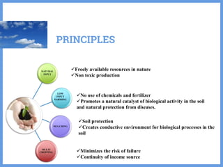 PRINCIPLES
MULCHING
MULTI
CROPPING
NATURAL
INPUT
LOW
INPUT
FARMING
Soil protection
Creates conductive environment for biological processes in the
soil
Freely available resources in nature
Non toxic production
No use of chemicals and fertilizer
Promotes a natural catalyst of biological activity in the soil
and natural protection from diseases.
Minimizes the risk of failure
Continuity of income source
 