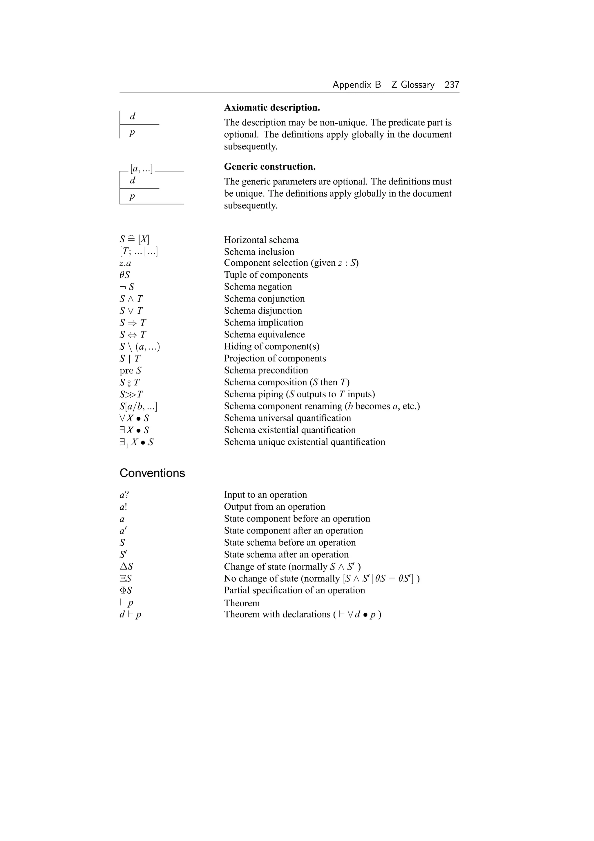 Appendix B Z Glossary 237

                 Axiomatic description.
   d
                 The description may be non-unique. The predicate part is
   p             optional. The deﬁnitions apply globally in the document
                 subsequently.

   [a, ...]      Generic construction.
   d             The generic parameters are optional. The deﬁnitions must
   p             be unique. The deﬁnitions apply globally in the document
                 subsequently.


S = [X]          Horizontal schema
[T; ... | ...]   Schema inclusion
z.a              Component selection (given z : S)
θS               Tuple of components
¬S               Schema negation
S∧T              Schema conjunction
S∨T              Schema disjunction
S⇒T              Schema implication
S⇔T              Schema equivalence
S  (a, ...)     Hiding of component(s)
S T              Projection of components
pre S            Schema precondition
SoT
  9              Schema composition (S then T)
S T            Schema piping (S outputs to T inputs)
S[a/b, ...]      Schema component renaming (b becomes a, etc.)
∀X • S           Schema universal quantiﬁcation
∃X • S           Schema existential quantiﬁcation
∃1 X • S         Schema unique existential quantiﬁcation


Conventions
a?               Input to an operation
a!               Output from an operation
a                State component before an operation
a                State component after an operation
S                State schema before an operation
S                State schema after an operation
∆S               Change of state (normally S ∧ S )
ΞS               No change of state (normally [S ∧ S | θS = θS ] )
ΦS               Partial speciﬁcation of an operation
   p             Theorem
d p              Theorem with declarations ( ∀ d • p )
 
