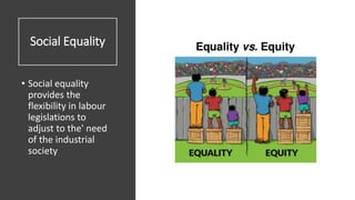 Social Equality
• Social equality
provides the
flexibility in labour
legislations to
adjust to the' need
of the industrial
society
Labour Law | Dr. Saravana K
 