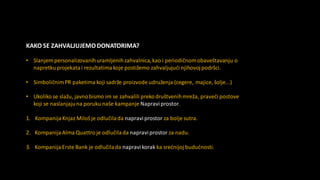 KAKO SE ZAHVALJUJEMODONATORIMA?
• Slanjem personalizovanihuramljenihzahvalnica,kao i periodičnomobaveštavanju o
napretkuprojekatai rezultatimakoje postižemo zahvaljujući njihovojpodršci.
• SimboličnimPR paketima koji sadrže proizvode udruženja (cegere, majice, šolje...)
• Ukoliko se slažu, javnobismo im se zahvalili prekodruštvenihmreža, praveći postove
koji se naslanjajuna poruku naše kampanje Napraviprostor.
1. KompanijaKnjaz Milošje odlučilada napraviprostor za bolje sutra.
2. Kompanija Alma Quattro je odlučilada napraviprostor za nadu.
3. Kompanija Erste Bank je odlučilada napravikorak ka srećnijoj budućnosti.
 