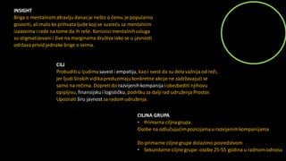 INSIGHT
Briga o mentalnomzdravlju danasje nešto o čemu je popularno
govoriti, ali malo ko prihvataljude koji se susreću sa mentalnim
izazovima i rade na tome da ih reše. Korisnici mentalnihusluga
su stigmatizovani i žive na marginama društva iako se u javnosti
održavaprivid jednake brige o svima.
CILJ
Probuditiu ljudima savest i empatiju, kao i svest da su dela važnija od reči,
jer ljudi širokih vidikapreduzimajukonkretne akcije ne zadržavajućise
samo na rečima. Dopreti do razvijenihkompanija i obezbediti njihovu
opipljivu,finansijskui logističku, podršku za daljirad udruženja Prostor.
Upoznati širu javnost sa radom udruženja.
CILJNA GRUPA
• Primarna ciljnagrupa:
Osobe na odlučujućimpozicijamau razvijenimkompanijama
Do primarne ciljne grupe dolazimo posredstvom
• Sekundarne ciljne grupe: osobe 25-55 godina u radnom odnosu
 
