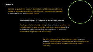 STRATEGIJA
Koristeći se upečatljivimvizuelnimidentitetomi različitim kanalimadirektnei
indirektnekomunikacijeusmerene ka široj javnosti i kompanijama,ojačavamo
brand image i brandtrust udruženja Prostor.
Porukakampanje: NAPRAVIPROSTOR (za udruženje Prostor)
Poruka govori o tome kako je važno preći sa reči na dela i proširiti svoje
vidike konkretnim vidovimapodrške ljudima na margini društva. Naša
poruka dolazi do šire javnosti,ali je jasno usmerena ka kompanija i
firmama koje mogu da podrže rad udruženja.
Ne zaboravljajući gdese naša ciljna grupa nalazi, razvijamo
Linked In profil udruženja i povezujemo se sa rukovodećim licima
razvijenihkompanijakoje će potencijalnopružiti podršku
udruženju.
 