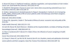 6. Broom AF, Doron A. Traditional medicines, collective negotiation, and representations of risk in Indian
cancer care. Qual Health Res [Internet]. 2013;23(1):54–65.
7. Ekedahl M, Wengström Y. Nurses in cancer care--stress when encountering existential issues. Eur J
Oncol Nurs [Internet]. 2007;11(3):228–37.
8. Vrettos I, Kamposioras K, Kontodimopoulos N, Pappa E, Georgiadou E, Haritos D, et al. Comparing
health_x0002_related quality of life of cancer patients under chemotherapy and of their caregivers.
ScientificWorldJournal
[Internet]. 2012;2012:135283.
9. Brown ML, Lipscomb J, Snyder C. The burden of illness of cancer: economic cost and quality of life.
Annu Rev
Public Health [Internet]. 2001;22(1):91–113.
10. Zarit SH, Reever KE, Bach-Peterson J. Relatives of the impaired elderly: correlates of feelings of burden.
Gerontologist [Internet]. 1980;20(6):649–55.
11. Ross A, Sundaramurthi T, Bevans M. A labor of love: the influence of cancer caregiving on health
behaviors.
Cancer Nurs [Internet]. 2013;36(6):474–83
12. Chang Y-J, Kwon YC, Lee WJ, Do YR, Seok LK, Kim HT, et al. Burdens, needs and satisfaction of terminal
cancer patients and their caregivers. Asian Pac J Cancer Prev [Internet]. 2013;14(1):209–16.
 