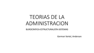 TEORIAS DE LA
ADMINISTRACION
BUROCRATICA-ESTRUCTURALISTA-SISTEMAS
German Vertel, Anderson
 