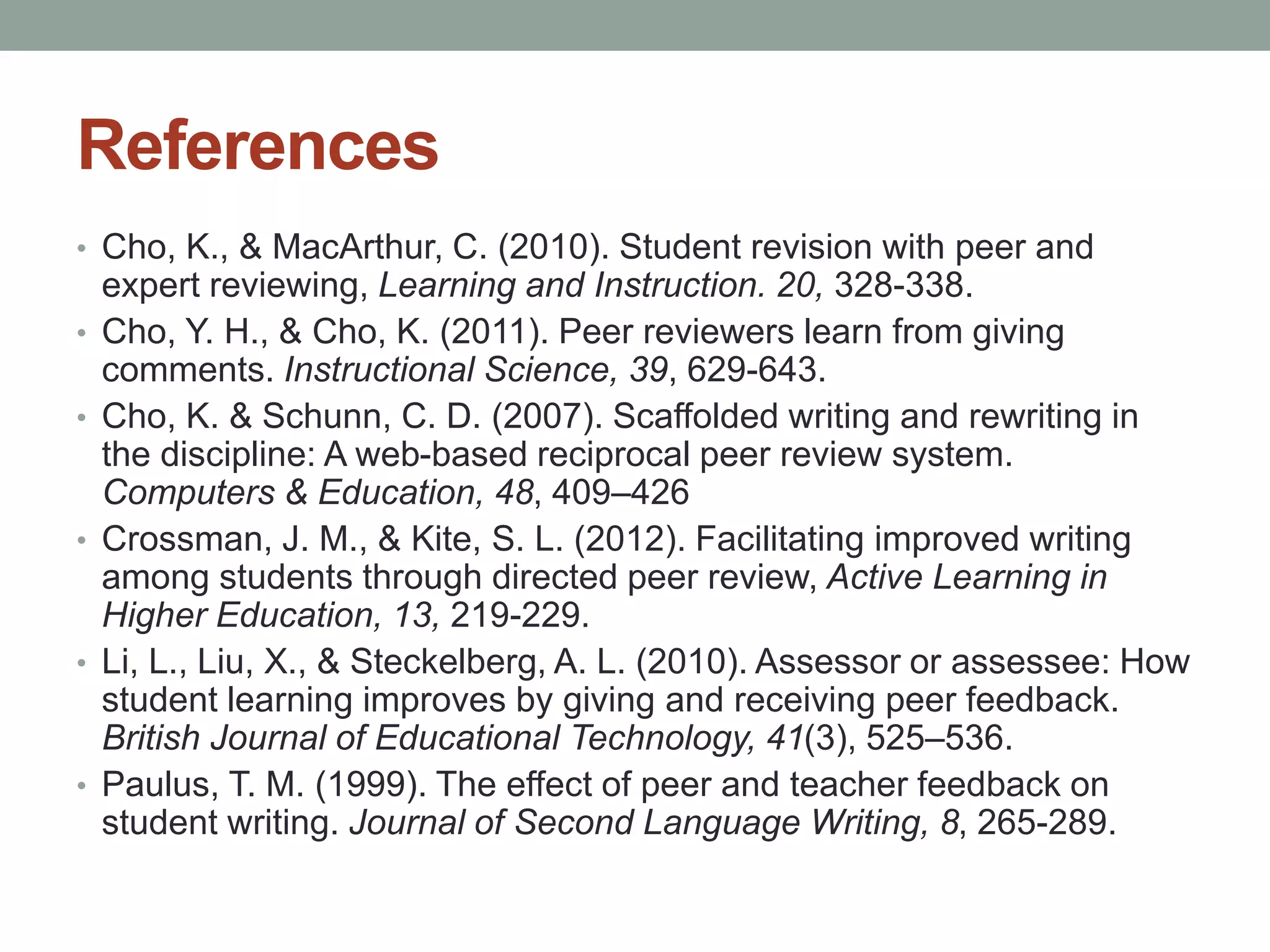 References 
• Cho, K., & MacArthur, C. (2010). Student revision with peer and 
expert reviewing, Learning and Instruction. 20, 328-338. 
• Cho, Y. H., & Cho, K. (2011). Peer reviewers learn from giving 
comments. Instructional Science, 39, 629-643. 
• Cho, K. & Schunn, C. D. (2007). Scaffolded writing and rewriting in 
the discipline: A web-based reciprocal peer review system. 
Computers & Education, 48, 409–426 
• Crossman, J. M., & Kite, S. L. (2012). Facilitating improved writing 
among students through directed peer review, Active Learning in 
Higher Education, 13, 219-229. 
• Li, L., Liu, X., & Steckelberg, A. L. (2010). Assessor or assessee: How 
student learning improves by giving and receiving peer feedback. 
British Journal of Educational Technology, 41(3), 525–536. 
• Paulus, T. M. (1999). The effect of peer and teacher feedback on 
student writing. Journal of Second Language Writing, 8, 265-289. 
 