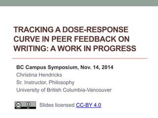 TRACKING A DOSE-RESPONSE 
CURVE IN PEER FEEDBACK ON 
WRITING: A WORK IN PROGRESS 
BC Campus Symposium, Nov. 14, 2014 
Christina Hendricks 
Sr. Instructor, Philosophy 
University of British Columbia-Vancouver 
Slides licensed CC-BY 4.0 
 