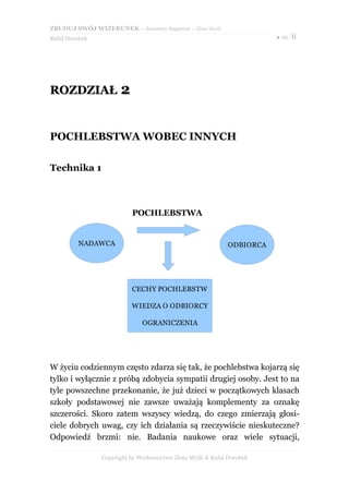ZBUDUJ SWÓJ WIZERUNEK – darmowy fragment – Złote Myśli
Rafał Dorobek                                                          ● str. 8




ROZDZIAŁ 2


POCHLEBSTWA WOBEC INNYCH

Technika 1



                          POCHLEBSTWA


         NADAWCA                                            ODBIORCA




                          CECHY POCHLEBSTW

                          WIEDZA O ODBIORCY

                              OGRANICZENIA




W życiu codziennym często zdarza się tak, że pochlebstwa kojarzą się
tylko i wyłącznie z próbą zdobycia sympatii drugiej osoby. Jest to na
tyle powszechne przekonanie, że już dzieci w początkowych klasach
szkoły podstawowej nie zawsze uważają komplementy za oznakę
szczerości. Skoro zatem wszyscy wiedzą, do czego zmierzają głosi-
ciele dobrych uwag, czy ich działania są rzeczywiście nieskuteczne?
Odpowiedź brzmi: nie. Badania naukowe oraz wiele sytuacji,

                Copyright by Wydawnictwo Złote Myśli & Rafał Dorobek
 