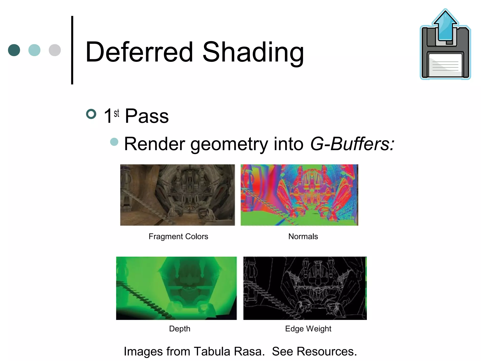 Deferred Shading
 1st
Pass
Render geometry into G-Buffers:
Images from Tabula Rasa. See Resources.
Fragment Colors Normals
Depth Edge Weight
 