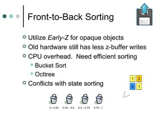 Front-to-Back Sorting
 Utilize Early-Z for opaque objects
 Old hardware still has less z-buffer writes
 CPU overhead. Need efficient sorting
Bucket Sort
Octtree
 Conflicts with state sorting
0 - 0.25 0.25 – 0.5 0.5 – 0.75 0.75 - 1
0
1
1
2
 