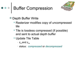 Buffer Compression
 Depth Buffer Write
Rasterizer modifies copy of uncompressed
tile
Tile is lossless compressed (if possible)
and sent to actual depth buffer
Update Tile Table
• zmin and zmax
• status: compressed or decompressed
 