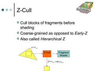 Z-Cull
 Cull blocks of fragments before
shading
 Coarse-grained as opposed to Early-Z
 Also called Hierarchical Z
Fragment
Shader
Z-Cull
Ztriangle
min > tile’s zmax
ztriangle
min
 