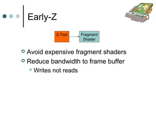 Early-Z
 Avoid expensive fragment shaders
 Reduce bandwidth to frame buffer
Writes not reads
Fragment
Shader
Z-Test
 
