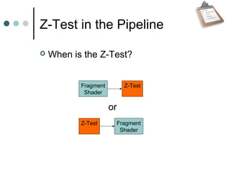 Z-Test in the Pipeline
 When is the Z-Test?
Fragment
Shader
Fragment
Shader
Z-Test
Z-Test
or
 