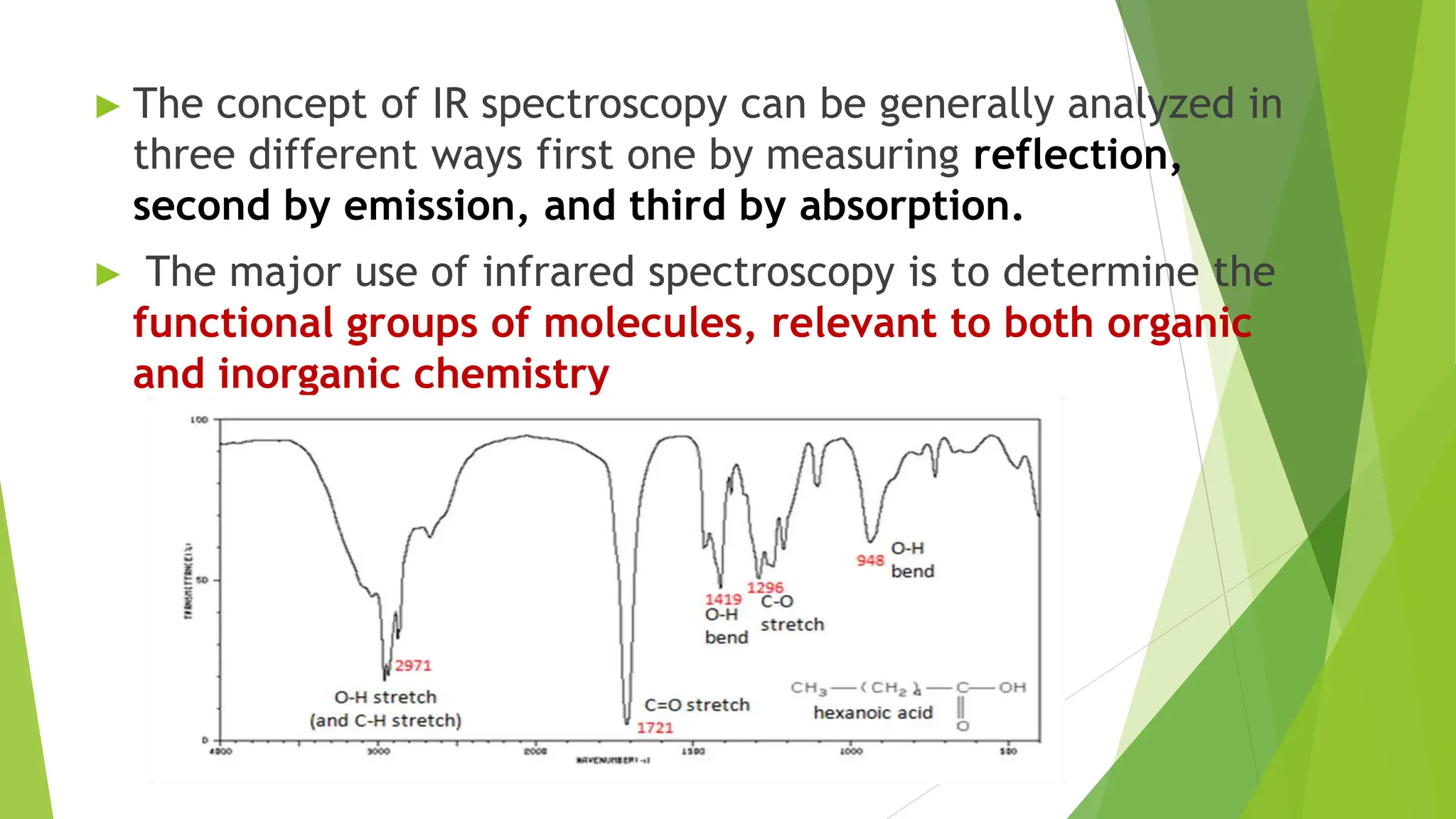 ► The concept of IR spectroscopy can be generally analyzed in
three different ways first one by measuring reflection,
second by emission, and third by absorption.
► The major use of infrared spectroscopy is to determine the
functional groups of molecules, relevant to both organic
and inorganic chemistry
 