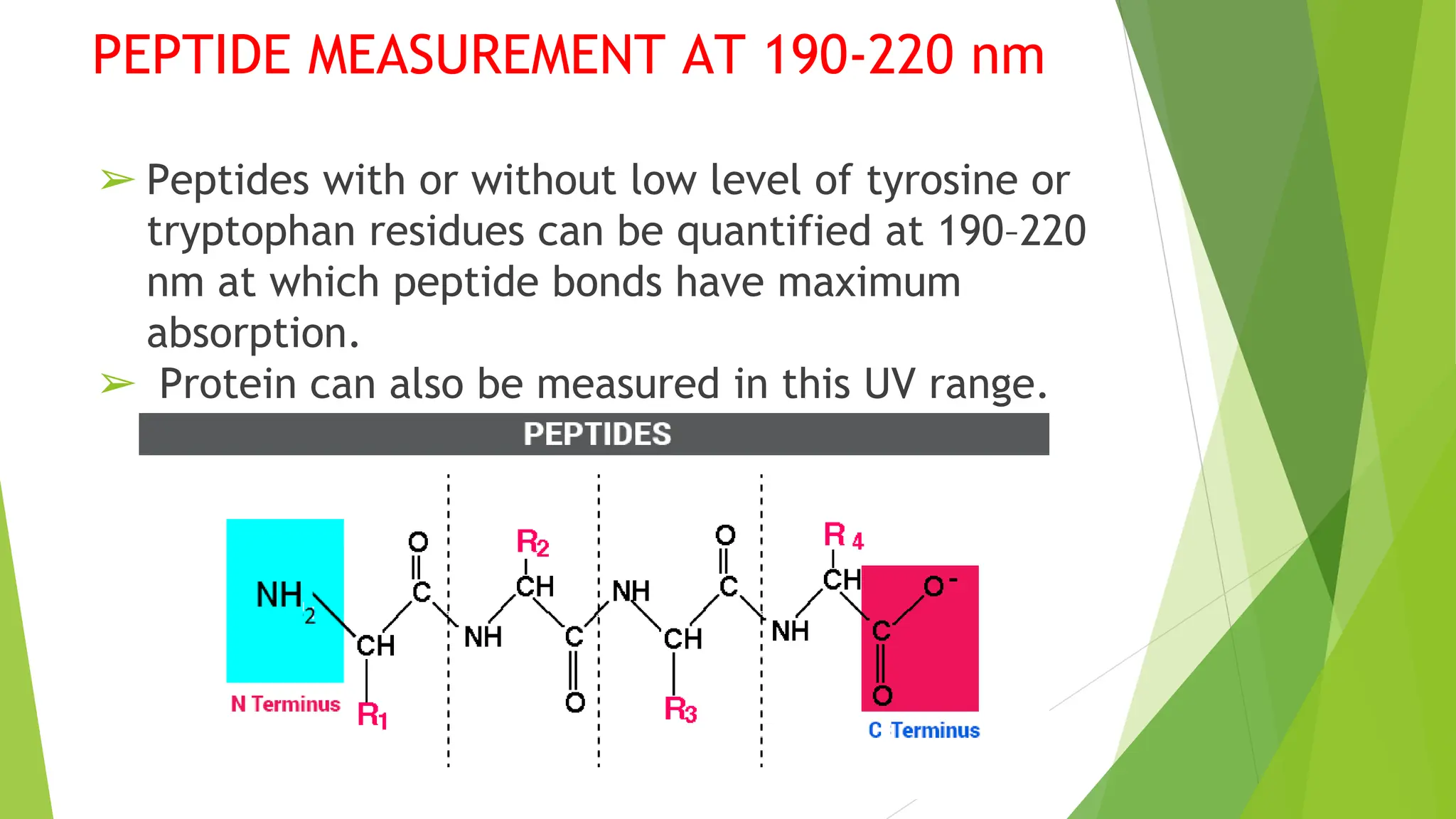 PEPTIDE MEASUREMENT AT 190-220 nm
➢ Peptides with or without low level of tyrosine or
tryptophan residues can be quantified at 190–220
nm at which peptide bonds have maximum
absorption.
➢ Protein can also be measured in this UV range.
 
