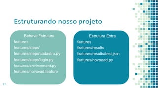 Estruturando nosso projeto
22
Behave Estrutura
features
features/steps/
features/steps/cadastro.py
features/steps/login.py
features/environment.py
features/novoead.feature
Estrutura Extra
features
features/results
features/results/test.json
features/novoead.py
 
