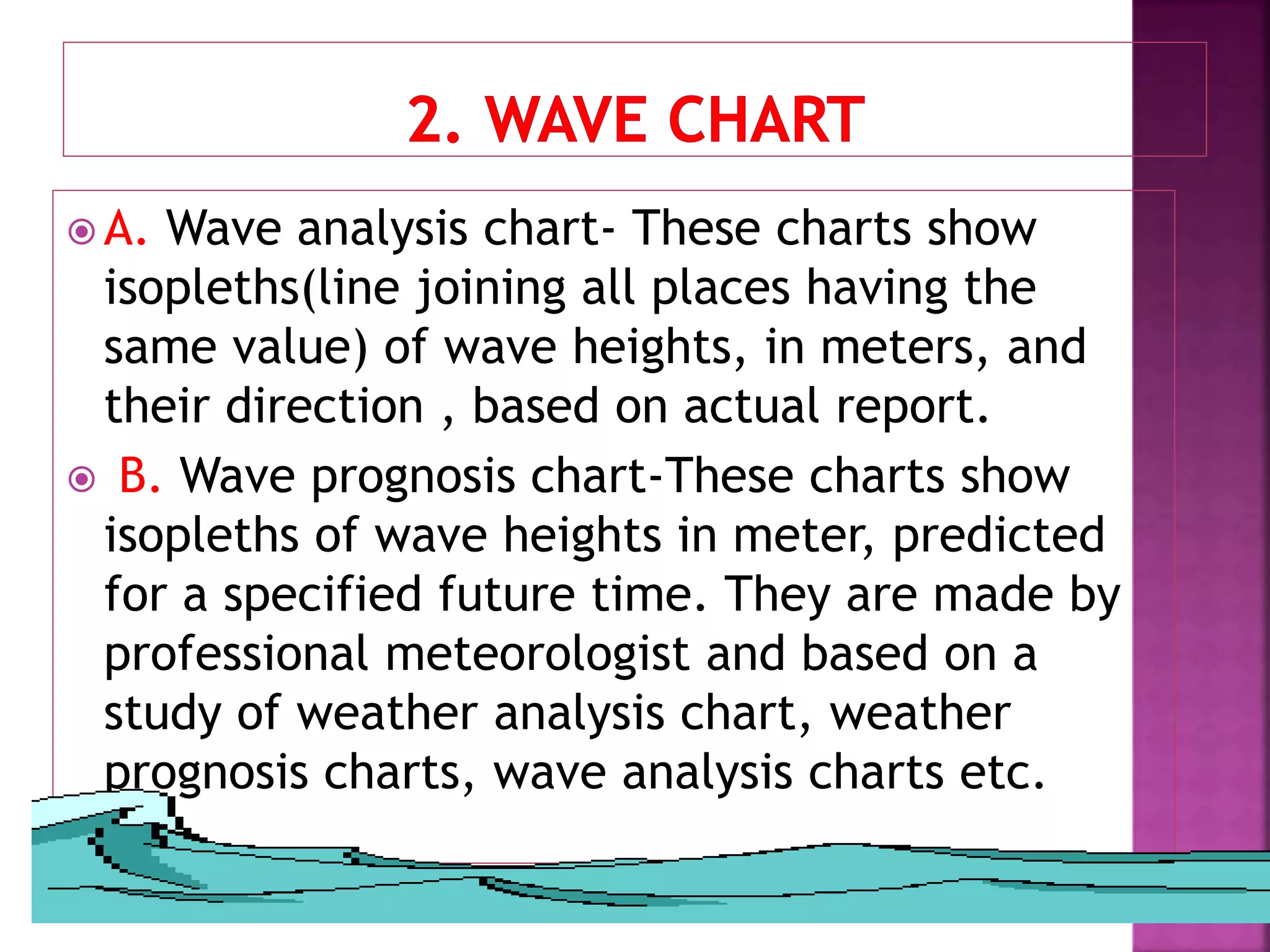  A. Wave analysis chart- These charts show
isopleths(line joining all places having the
same value) of wave heights, in meters, and
their direction , based on actual report.
 B. Wave prognosis chart-These charts show
isopleths of wave heights in meter, predicted
for a specified future time. They are made by
professional meteorologist and based on a
study of weather analysis chart, weather
prognosis charts, wave analysis charts etc.
 
