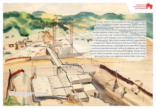 Widok zapory wodnej w Rożnowie, Akwarela autorstwa Rafała Malczewskiego,
Z ARCHIWUM DOMU AUKCYJNEGO DESA UNICUM
Dunajec, któremu ludzie zawdzięczali swój byt, czasami stawał
się ich największym wrogiem. Na przestrzeni wieków powodzie
niejednokrotnie czyniły w dolinie Dunajca ogromne spustoszenia.
W kronice parafialnej Zbyszyc zachowały się opisy katastrofalnych
skutków wylewów, między innymi z 1813 roku i 1934 roku. To właśnie
chęć ujarzmienia rzeki i czerpania korzyści z nieprzewidywalnego
„żywiołu wody” wpłynęły na kierunek gospodarczych inwestycji
w II Rzeczpospolitej. Zapory wodne zyskały wówczas rangę obiektów
strategicznych. Zapora zbudowana w Rożnowie w latach 1935–1941
rozwiązała problem powodzi i wspomogła proces elektryfikacji regionu
za pomocą niewielkiej elektrowni wodnej, dla większej części Zbyszyc
położonych w dolinie Dunajca oznaczała jednak zagładę. Tętniące życiem
centrum i około 40 budynków znalazło się pod wodą. Ten sam los spotkał
także część Kurowa, Lipia, Tęgoborza, Kobyla-Gródka i Znamirowic.
 