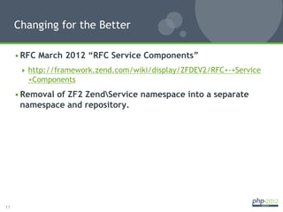 Changing for the Better

     • RFC March 2012 “RFC Service Components”
        http://framework.zend.com/wiki/display/ZFDEV2/RFC+-+Service
        +Components
     • Removal of ZF2 ZendService namespace into a separate
       namespace and repository.




11
 