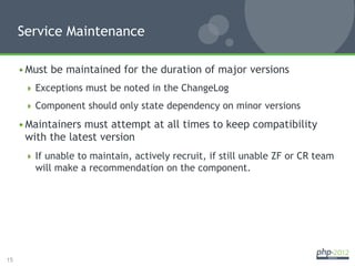 Service Maintenance

     • Must be maintained for the duration of major versions
        Exceptions must be noted in the ChangeLog

        Component should only state dependency on minor versions

     • Maintainers must attempt at all times to keep compatibility
       with the latest version
        If unable to maintain, actively recruit, if still unable ZF or CR team
        will make a recommendation on the component.




15
 
