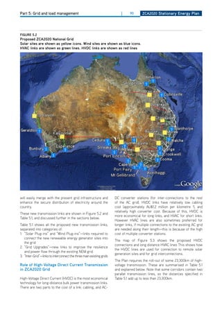 Part 5: Grid and load management                                          |     90       ZCa2020 Stationary Energy Plan




figurE 5.2
Proposed ZCa2020 national grid
Solar sites are shown as yellow icons. wind sites are shown as blue icons.
hvaC links are shown as green lines. hvdC links are shown as red lines




will easily merge with the present grid infrastructure and            dC converter stations (for inter-connections to the rest
enhance the secure distribution of electricity around the             of the AC grid). hVdC links have relatively low cabling
country.                                                              cost (approximately AU$1.2 million per kilometre 3), and
                                                                      relatively high converter cost. Because of this, hVdC is
These new transmission links are shown in Figure 5.2 and
                                                                      more economical for long links, and hVAC for short links.
Table 5.1, and discussed further in the sections below.
                                                                      however hVAC lines are also sometimes preferred for
Table 5.1 shows all the proposed new transmission links,              longer links, if multiple connections to the existing AC grid
separated into categories of:                                         are needed along their length—this is because of the high
1. “Solar Plug-ins” and “Wind Plug-ins”—links required to             cost of multiple converter stations.
   connect the new renewable energy generator sites into
                                                                      The map of Figure 5.3 shows the proposed hVdC
   the grid
                                                                      connections and long distance hVAC lines This shows how
2. “Grid Upgrades”—new links to improve the resilience
                                                                      the hVdC lines are used for connection to remote solar
   and power flow through the existing NEM grid
                                                                      generation sites and for grid interconnections.
3. “Inter-Grid”—links to interconnect the three main existing grids
                                                                      The Plan requires the roll-out of some 23,300km of high-
role of high-voltage direct Current transmission                      voltage transmission. These are summarised in Table 5.1
in ZCa2020 grid                                                       and explained below. Note that some corridors contain two
                                                                      parallel transmission lines, so the distances specified in
high-Voltage direct Current (hVdC) is the most economical             Table 5.1 add up to less than 23,300km.
technology for long-distance bulk power transmission links.
There are two parts to the cost of a link: cabling, and AC-
 